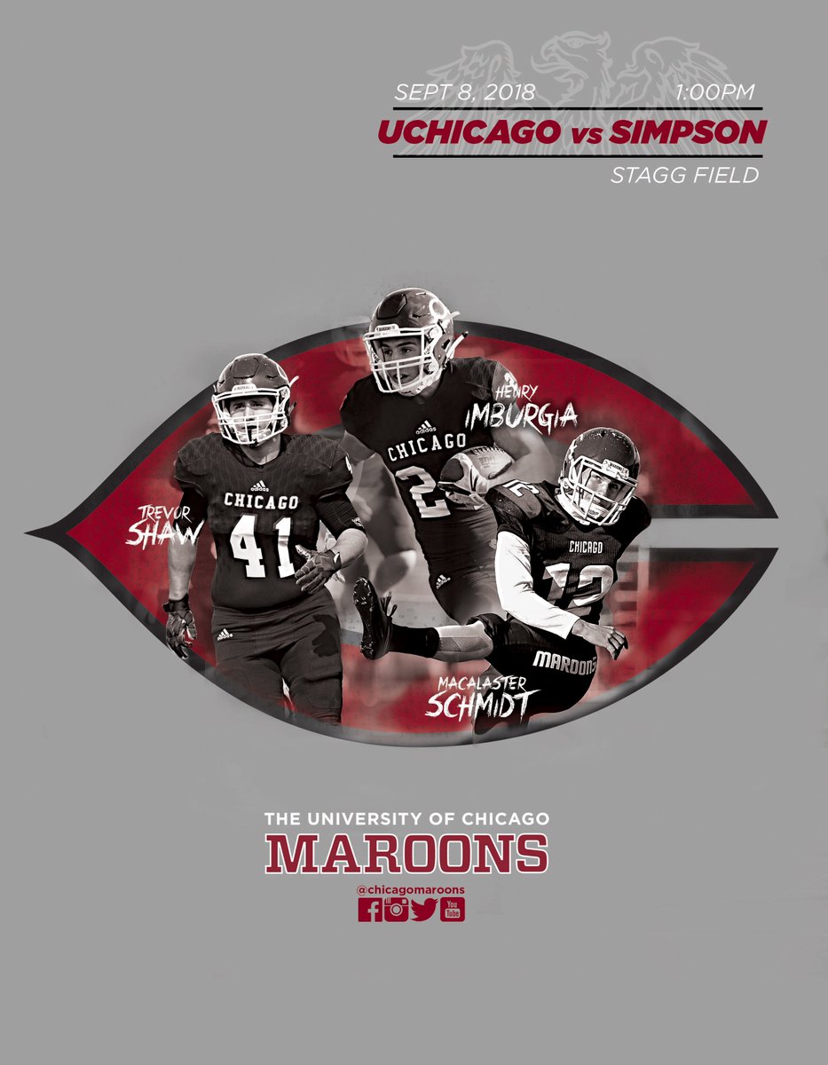 uchicagoath's tweet image. HOME OPENER: @UChicagoFB hosts @StormSports in nonleague action (sneak peek at today's Game Day program cover, too 👀)
📍Stagg Field 
⏰1P CT 
🎥bit.ly/2Np3YTM
📊bit.ly/2wNmASM
#MaroonMade #d3fb #UChicago