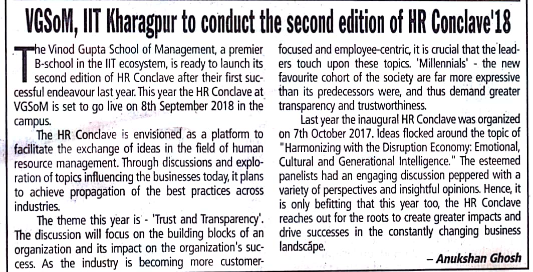 VGSOM_IIT_Kgp's tweet photo. With the #HRConclave'18 knocking at our doors, @VGSOM_IIT_Kgp is all geared up for this extravaganza. The media is abuzz with excitement built up for the event, which is going to be an intellectual treat for the audience.
#iitkharagpur #SeptemberSpotlights https://t.co/8DO7g6alXA