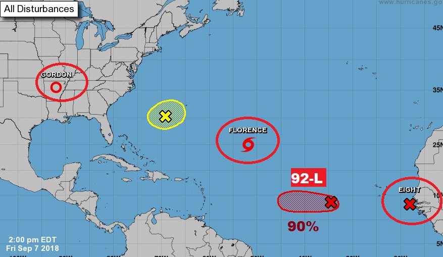 RichThomasWX's tweet photo. #Tropical Traffic jam . Peak of the season. Even a new 'X" on the map SW of Bermuda. Plus, Florence, #PCT8, and #Invest92 ALL eyes on the future of #Florence next week. Serious business. https://t.co/gKMxcW1LbP