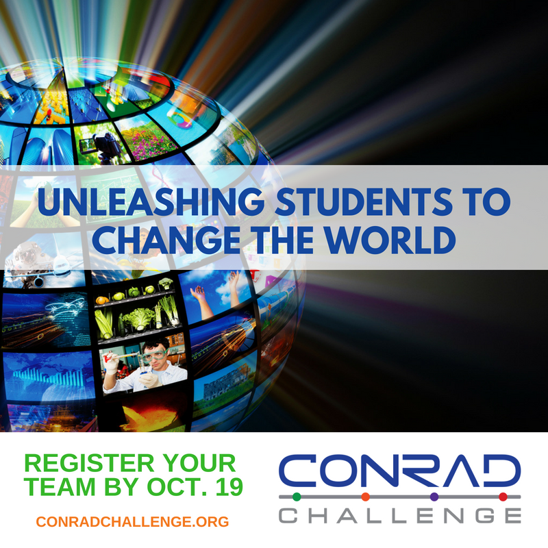 The Conrad Challenge unleashes the potential of students to solve the world’s most difficult challenges. Organize a student team to compete in 1 of 6 2018-19 Challenge categories. Register by 10/19: conradchallenge.org #STEM #STEAM #PBL #21stCenturyEd