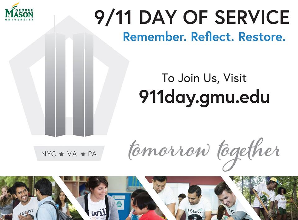 Mason's 9/11 Day of Service will take place all around campus on Tuesday, Sept 11 from 9:00am-4:00pm. The service events will provide the opportunity to give back to the local Mason community. 

RSVP for a service project NOW at: 911day.gmu.edu/service-projec… ow.ly/d/7UB4