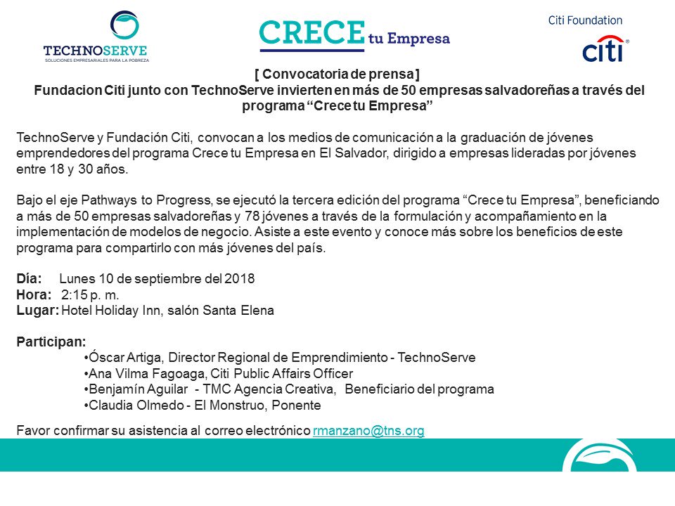 TechnoServe SV (@tns_sv) on Twitter photo ¡Los esperamos este lunes para graduar a los jóvenes empresarios de la 3era fase de #CreceTuEmpresa! @AlfredoHdezEE <a href="/GromeroEE/">German Romero</a> <a href="/LeoIbarraEE/">Leonel Ibarra</a> <a href="/pablobalcaceres/">Pablo Balcáceres</a> <a href="/Eleconomistanet/">El Economista</a> ¡Los esperamos este lunes para graduar a los jóvenes empresarios de la 3era fase de #CreceTuEmpresa! @AlfredoHdezEE <a href="/GromeroEE/">German Romero</a> <a href="/LeoIbarraEE/">Leonel Ibarra</a> <a href="/pablobalcaceres/">Pablo Balcáceres</a> <a href="/Eleconomistanet/">El Economista</a>