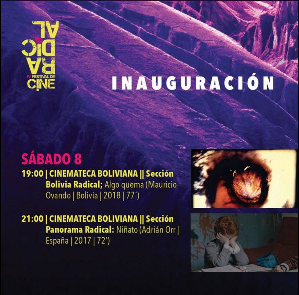 FestCineRadical's tweet photo. Mañana sábado 8 de Sept gran INAUGURACIÓN gran del V Festival de Cine Radical.
Película inaugural "Algo quema" de Mauricio Ovando (@mauovandodelaq) + conversatrio con el director.
Lugar Cinemateca Boliviana Hora 19:00
Sección Bolivia Radical
#virusradical #radical2018 https://t.co/oFRd72Hp1z