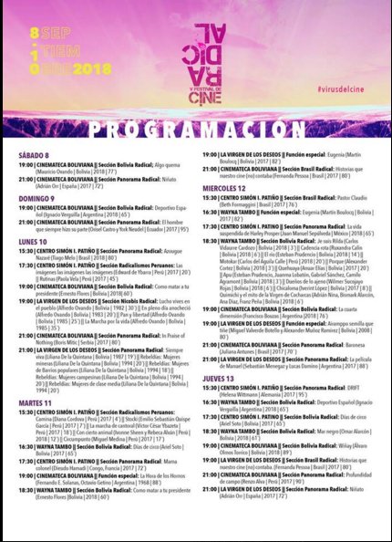 FestCineRadical's tweet photo. #radical2018
Programación/ Horarios/ Sedes y Actividades del V Festival de Cine Radical del 8 al 16 de septiembre
#virusradical https://t.co/6RfvcASqST