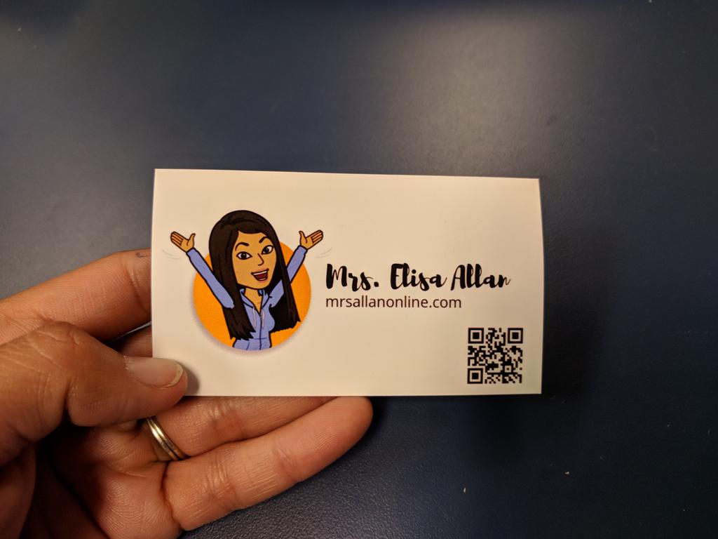 MrsAllanOnline's tweet photo. I am #bitmojiobsessed and am in LOVE with the business cards I printed for #backtoschool night. Now I just need more people to share them with. #sharingiscaring #bitmojime #teacherlife #teacher https://t.co/gmqNCx5rJz