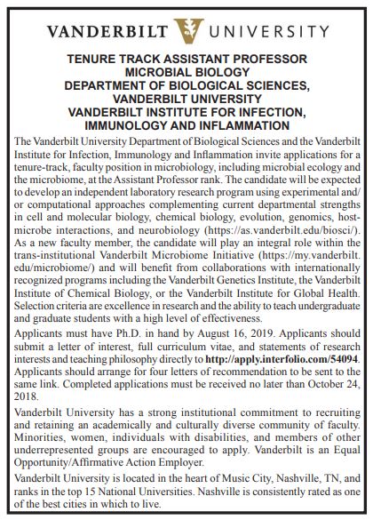 Announcing an Assistant Professor search for a new faculty member studying MICROBIAL BIOLOGY in Vanderbilt's Department of Biological Sciences apply.interfolio.com/54094 Join our supportive group and vibrant research in Nashville! Please RT. ⁦<a href="/VuBiome/">Vanderbilt Microbiome</a> @VI4Research
