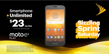 KimGreenKerr's tweet photo. Get Unlimited + a smartphone from Sprint Business! The Moto e5 Play with 5 lines of Unlimited Basic is yours for $23 mo./line at your local Sprint Store on 9/8: https://t.co/rqlx8B8z1b #SizzlingSprintSaturday https://t.co/VLQ5o33mLu