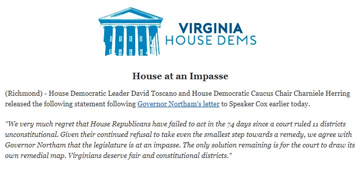 VAHouseDems's tweet photo. .@GovernorVA letter to Speaker Cox today (below), indicates he believes the legislative process has reached an impasse. @deltoscano & @C_Herring agree that with Republicans refusal to take even the smallest step, a court drawn map is the only solution.
https://t.co/J2hEAMg8th https://t.co/Be4p8Bzn5r