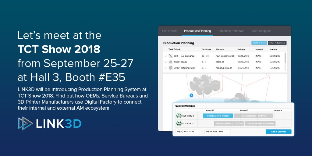 LINK3Dinc's tweet photo. Come chat with us at the TCT Show to learn how @LINK3Dinc's Production Planning System can help optimize your builds to maximize 3D printer machine capacity.
#3Dprinting #tctmagazine #tctshow #link3d
https://t.co/jYtwEx5MDL https://t.co/aPk3iSgUtF
