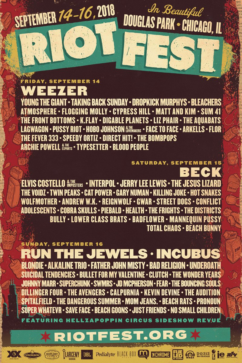 Ticket giveaway time. Feeling lucky? RT and follow us for a chance to win a pair of Riot Fest VIP tickets. September 14, 15, &amp; 16 in Chicago. Tickets ON SALE NOW. ow.ly/SAD130lJx5e