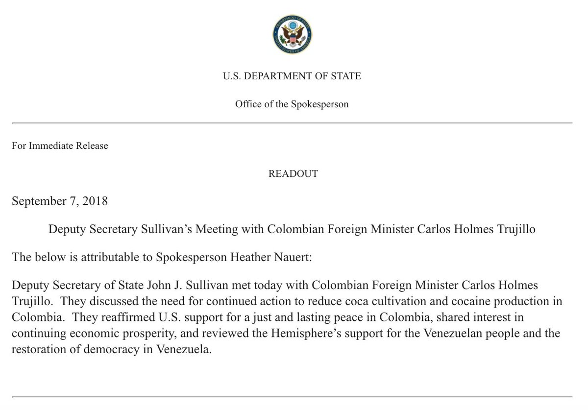 A readout from Spokesperson Heather Nauert of Deputy Secretary Sullivan's Meeting with Colombian Foreign Minister Carlos Holmes Trujillo, September 7, 2018.