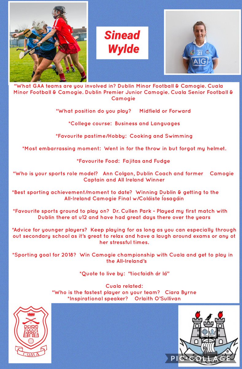 CualaCLG's tweet photo. Cuala and @CamogieDublin Premier Junior player, Sinead Wylde answered a few questions for us earlier this week. Best of luck in the All Ireland on Sunday. #CualaGirlsInBlue https://t.co/WjF7Vh0iqO