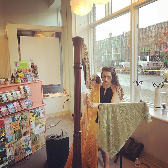 TheDevilishEgg's tweet photo. Don’t let the rain keep you away... it’s lovely inside. Beautiful music on the harp by @missharpo .💛 #grandopening #missharpo #thedevilishegg #firstfridayraleigh #hatchyourcreativity https://t.co/8w3mf0dW2w https://t.co/ANSq04dSo0