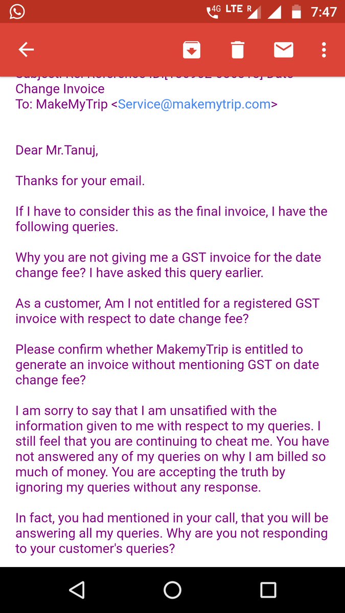 Balaraju_99's tweet photo. MakeMyTrip overcharging and not issuing GST invoice for date change fee. Very poor customer support. Please see their invoices for the same trip. @jayantsinha  @MoCA_GoI MMT do not want to respond to my queries on excess billing.@deepkalra https://t.co/r8btL3q0EG