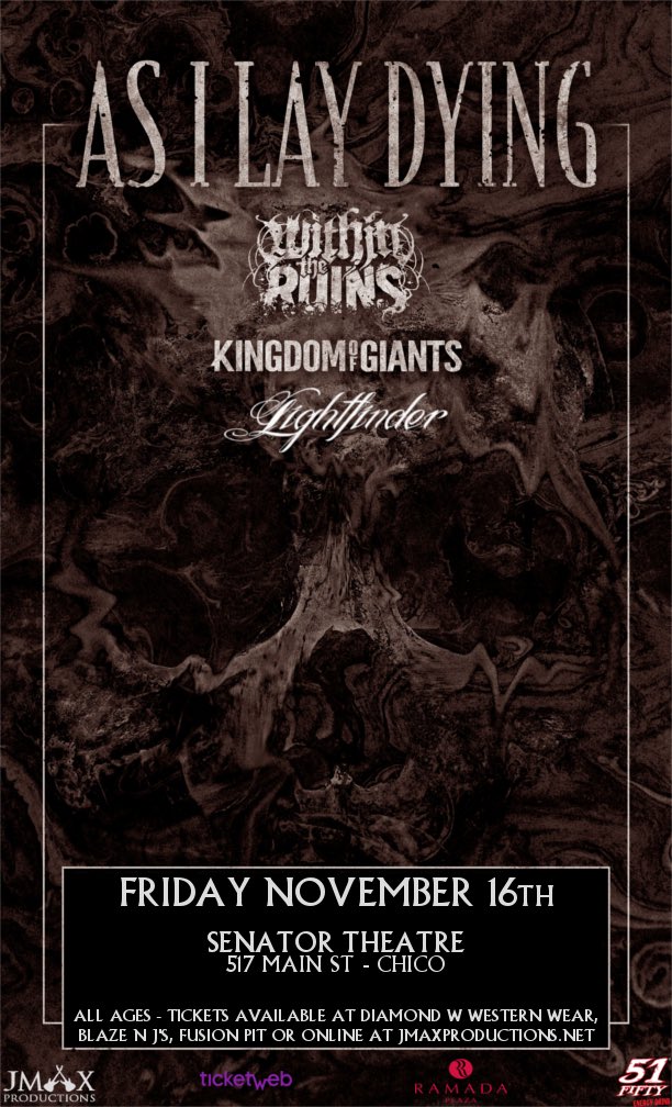 🌙🌲MAJOR SHOW ANNOUNCEMENT🌲🌙
Still trying to wrap our heads around this amazing and surreal opportunity.. but this November we will be taking the stage with <a href="/kingdomofgiants/">𝐊𝐈𝐍𝐆𝐃𝐎𝐌 𝐎𝐅 𝐆𝐈𝐀𝐍𝐓𝐒</a> , <a href="/withintheruins/">Within the Ruins</a> and <a href="/ASILAYDYINGBAND/">As I Lay Dying</a> at The Senator Theater here in Chico!!