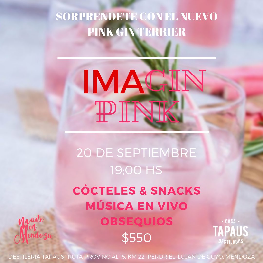 CasaTapaus's tweet photo. Preparate para vivir una experiencia única en Mendoza. 
Cócteles preparados con nuestro nuevo Terrier Pink Gin, acompañados de snacks y música en vivo 🍹
No te lo pierdas!   

🗓 20 de Septiembre - 19hs 
🏡 En #casatapaus 

#imaginpink #savethepink #pinkgin https://t.co/dVe4i2VkzR