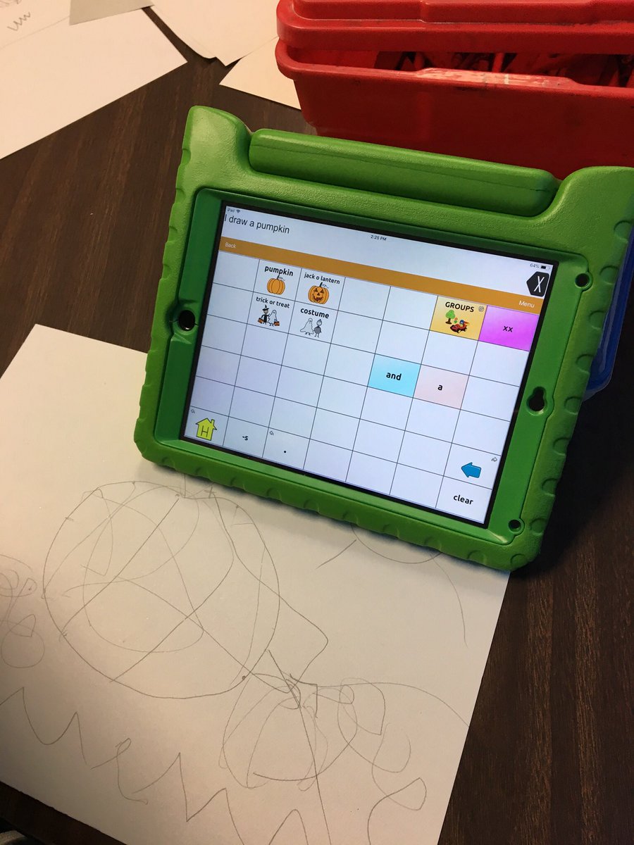 WindsorSpeech's tweet photo. We had fun drawing pumpkins in kindergarten art today! @WindsorWildcats @mskartroom @angeluswindsor #aac #speakaac #modelaac #pushinspeech https://t.co/GPqUarHk6X