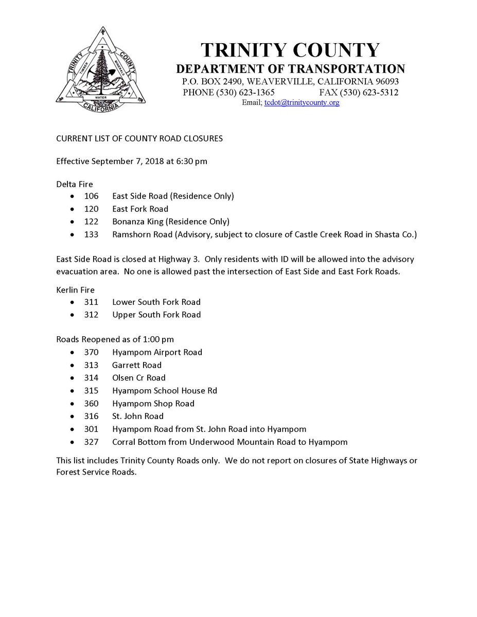 TrinityDOT's tweet image. Current list of CLOSED roads due to the #KerlinFire and #DeltaFire.  Motorist are advise to use caution and have most current information when traveling on Ramshorn Road (rough dirt road) between Hwy 3 and I-5.  Will close if Castle Creek Road in Shasta County is closed.