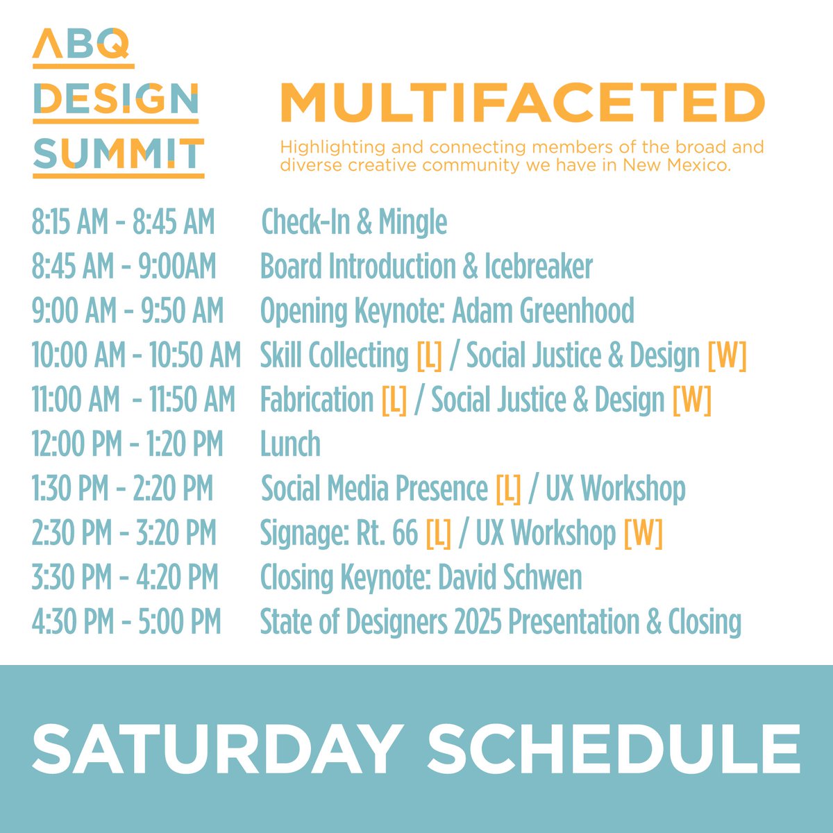 aiganm's tweet photo. Our final schedule is out! From lectures and workshops to after parties and networking, everything happening at this year's #ABQDesignSummit is listed below! Details and tickets here: https://t.co/iYnevSKBl8 https://t.co/iidcx3EgHn