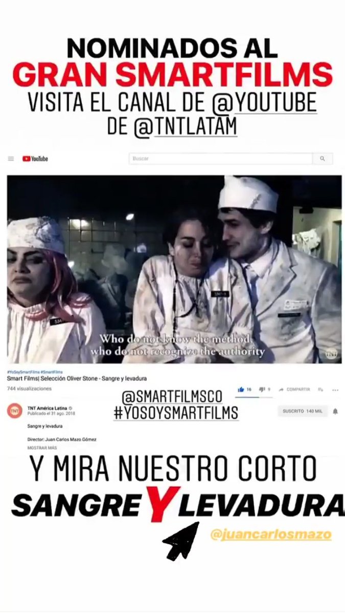 SammiAby's tweet photo. Nominados al #GranSmartFilms @smartfilmsco #YoSoySmartFilms
Aqui les ddjo el canal de youtube de @TNTLA para que vean el  cortometraje de #SangreYLevadura
@MajidaIssa1 @juancarlosmazo
Link 👇👇
https://t.co/9tSUFuItxZ https://t.co/4gUO3g9ovT