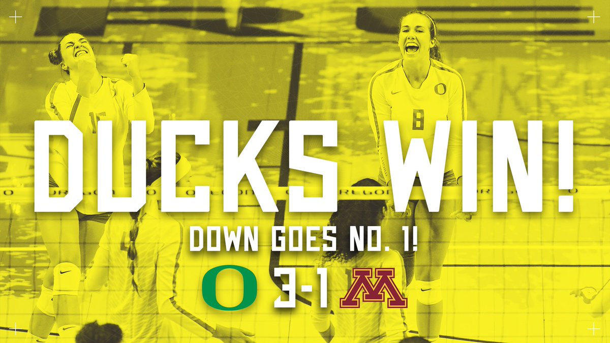 DUCKS WIN!!! What a performance by No. 18 Oregon as the Ducks take down No. 1 Minnesota, 25-23, 25-23, 25-27, 25-23, to open the Big Ten/Pac-12 Challenge! #GoDucks