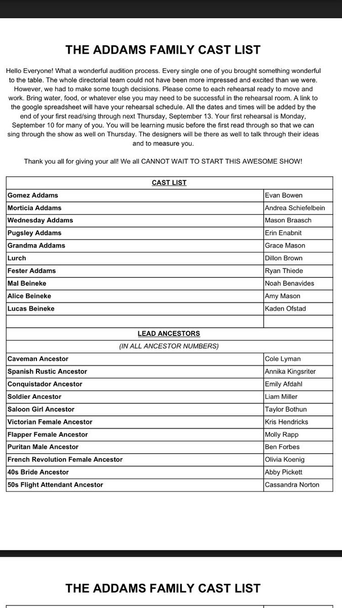 drama_lnhs's tweet photo. Congrats to the cast of The Addams Family! This show will be spectacular. https://t.co/GdIS2O6P7g