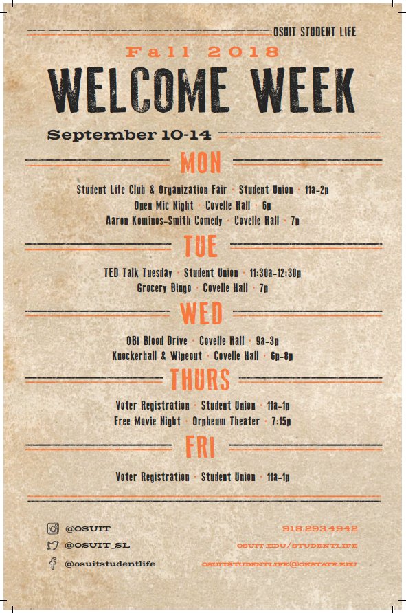 OSUIT_SL's tweet photo. Welcome Week Schedule, Sep 10-14!! You don't want to miss this! #OSUITproud #OSUITStudentLife Don't forget to tag and follow our pages for cool prizes and giveaways! https://t.co/hFnvqDPdvM