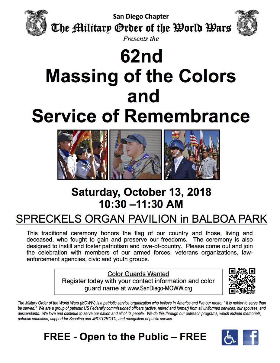 VeteransMuseum's tweet photo. Join the Military Order of the World Wars for a special event at the Speckles Organ Pavilion on Oct.13 at 10:30 AM for the 62nd Massing of the Colors and Service of Remembrance in @BalboaPark. https://t.co/s2gcziqx1k