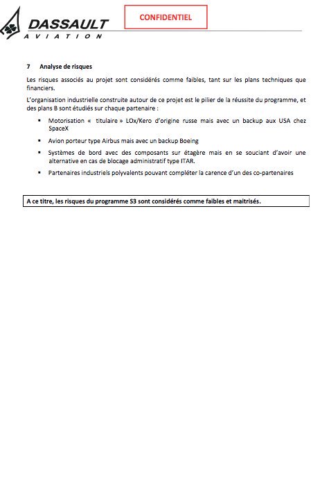 11/13 Juil. 2014,éval.D’S3 p/ <a href="/Dassault_OnAir/">Dassault Aviation</a> analyse risque: «les risques associés au projet sont considérés comme faibles,tant sur le plans techniques que financier» «l’investiss. envisagé est raisonnable compte tenu des perspectives envisagées en retour» <a href="/JABLAWCH/">Jacques Barillon</a> <a href="/CAnsermoz/">Claude Ansermoz</a>