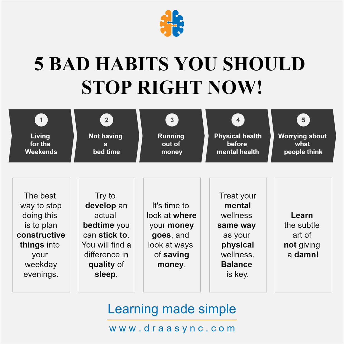 draasync's tweet image. 5 Bad #habits #you should #stop #rightnow! Credits @foundr #easylearning #hardworking #motivationalquotes #inspiredaily #homebasedbusiness #successtips #successstory #startupbusiness #successquotes #smallbusinessowners #everydayimhustlin #goalsetter #hustlemode #encourageyourself