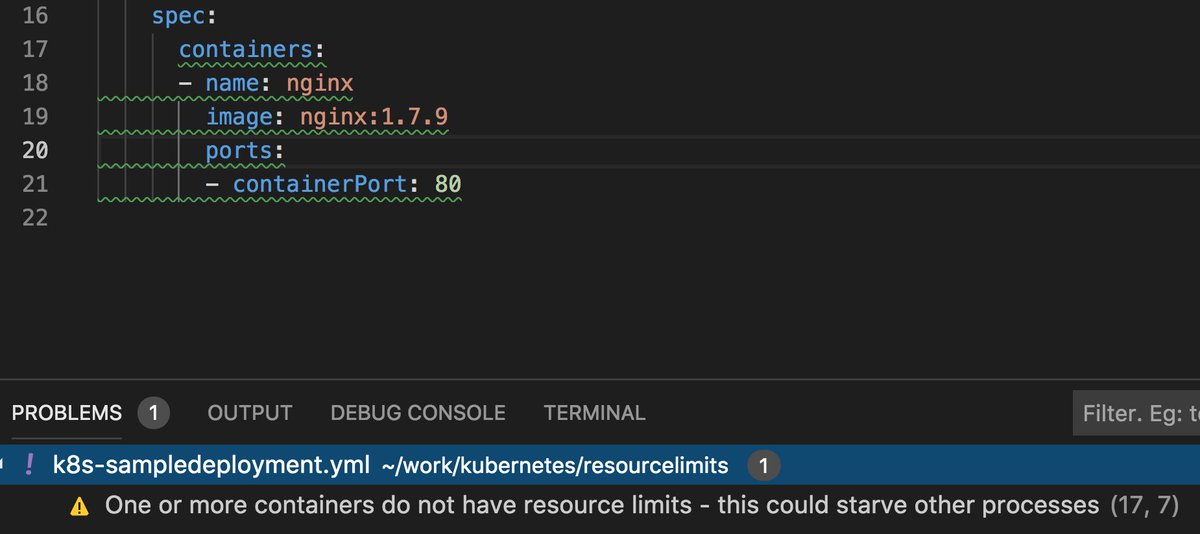 seanmckmsft's tweet image. The #Kubernetes plugin for @code now reminds you to set resource limits on your pod specs to keep misbehaving containers from soaking up a node&apos;s resources.