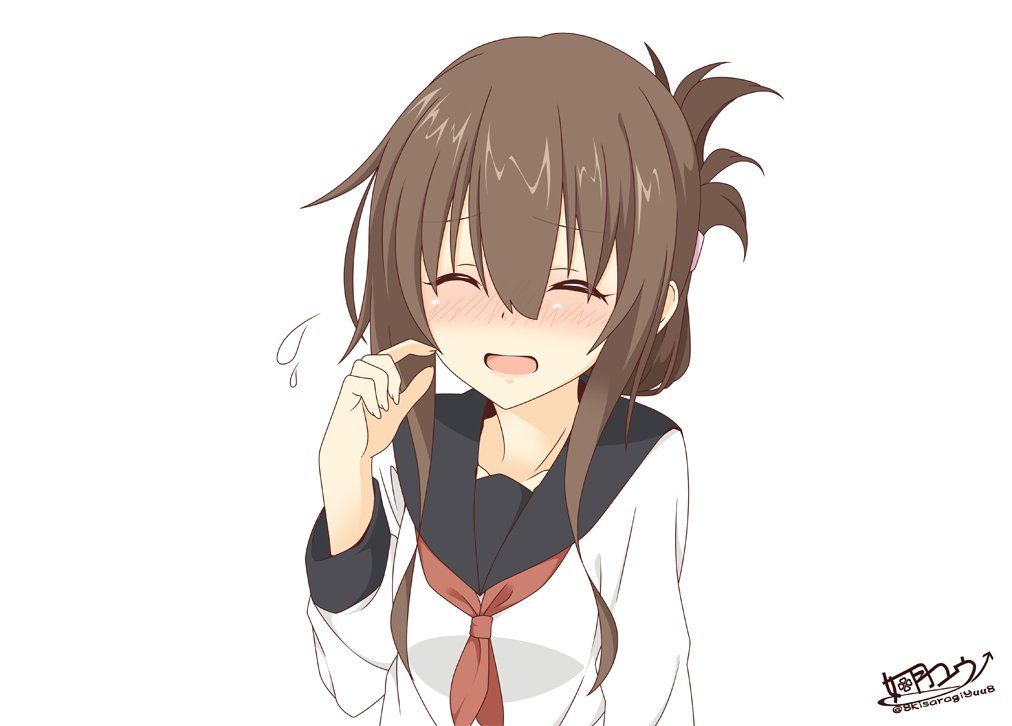 inazuma (kancolle) 1girl solo folded ponytail school uniform brown hair closed eyes serafuku  illustration images