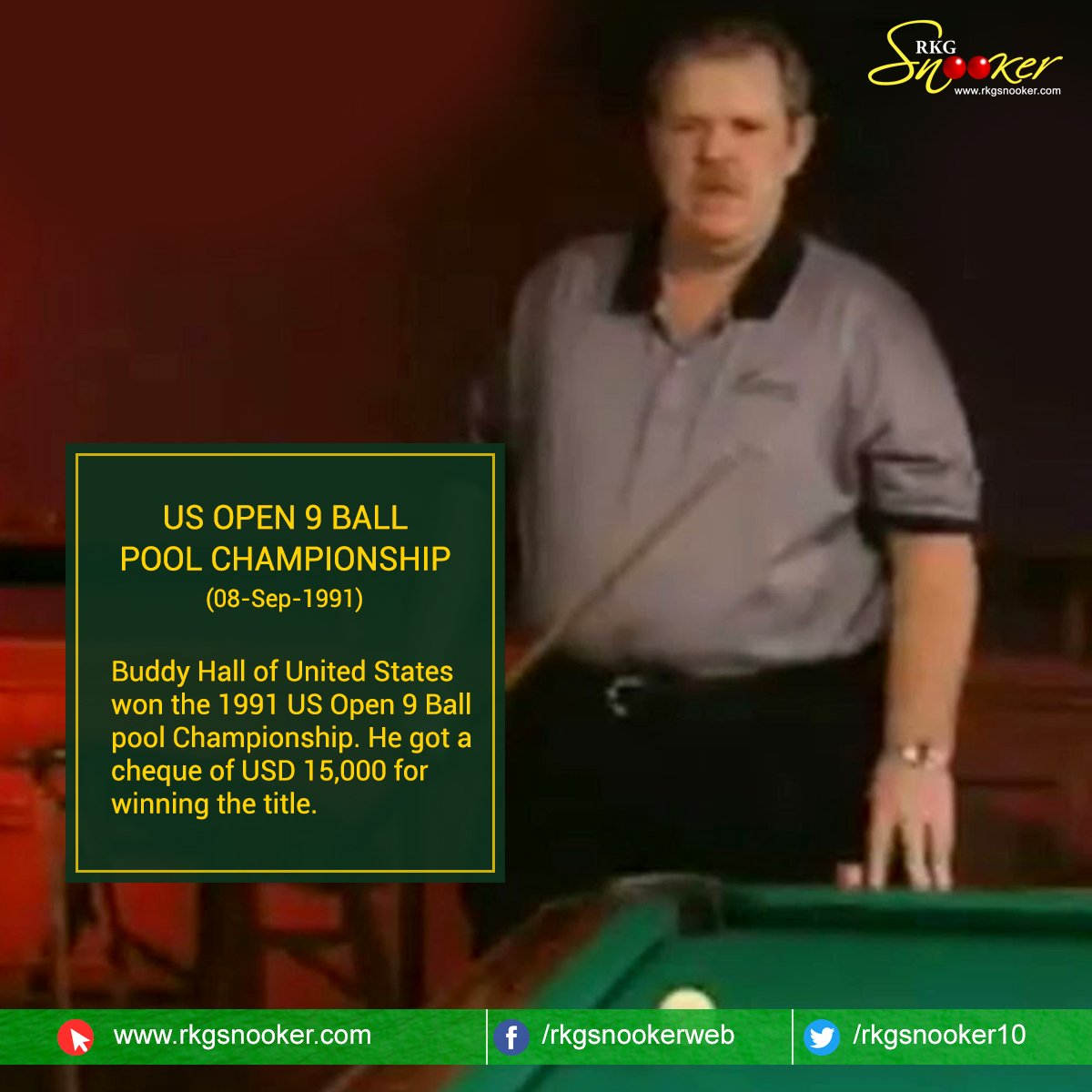 rkgsnooker10's tweet photo. Buddy Hall of United States won the 1991 US Open 9 Ball Pool Championship. He got a cheque of USD 15,000 for winning the title.
#BuddyHall #SnookerHistory #Snooker #RKGSnooker https://t.co/ZO67bd4TeS