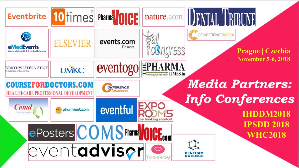 IHDDM2018's tweet photo. #IHDDM2018 #IPSDD2018 #WHC2018 #conference #event #meetings #media #partner #Czechia @10_times @PharmaVOICE @DentalTribuneIn @eMedEvents @ElsevierConnect @conferenceindex @NorthwesternU @UMKansasCity @clocate @pharmiweb_com @Eventful @ePostersnet @tabeeby_kw @Bentham_Science https://t.co/h3JnyUZJZw