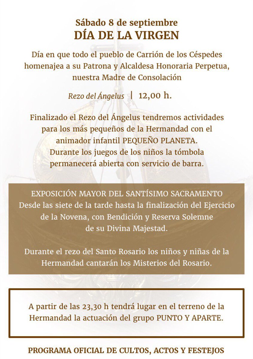 HdadConsolacion's tweet photo. A las 12:00 h rezaremos el Ángelus ante su bendita imagen.
A las 19:00 h, Exposición Mayor del Santísimo Sacramento.
A las 20:30 h, Rezo del Santo Rosario. A las 21:00 h,  Ejercicio de la Novena y Reserva, y Función solemne de la Natividad de Nuestra Señora.

#DiadelaVirgen https://t.co/ooHmdkPbjC
