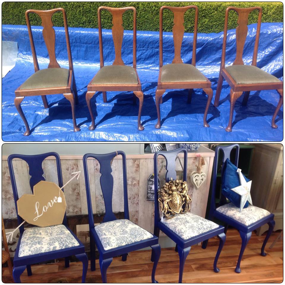 Beautiful old chairs given a new lease of life, painted in Royal Navy and the seat pads reupholstered in contrasting fabric. What a terrific before and after, wouldn't you agree?
#handpaintedfurniture#sarahjaynechalkpaints
Photo courtesy of Le Chien Blanc Interiors