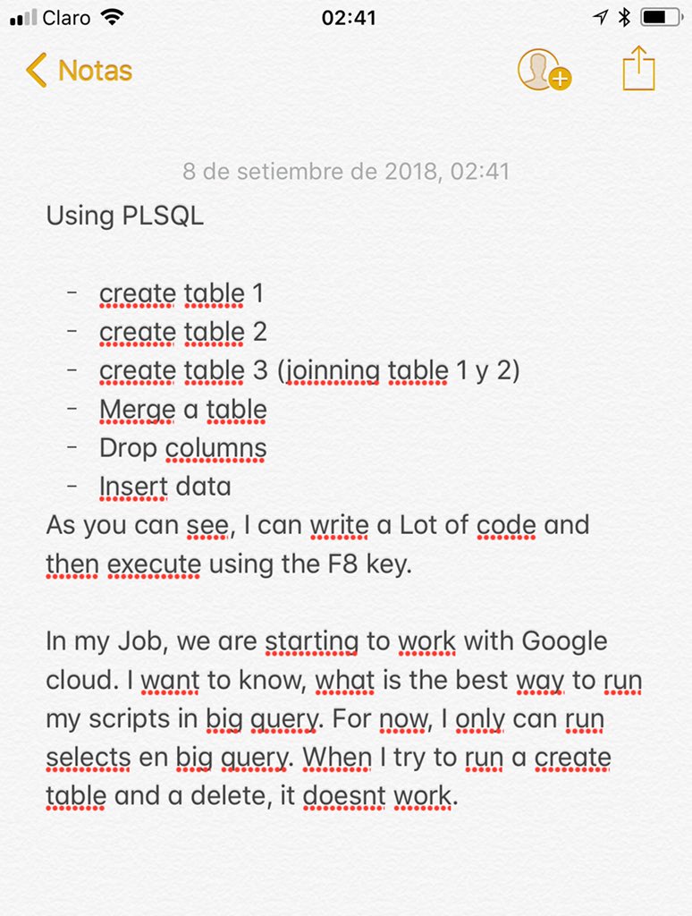 aldoquiliche's tweet photo. Hi @felipehoffa , I hope you can help me with this. Actually, I am working using PLSQL to run SQL statements. Well, in PLSQL, I write many lines of code separated by semicolon. What is the best way to run that code in Big Query? Where I can find tutorials. https://t.co/10EeIfdk3y