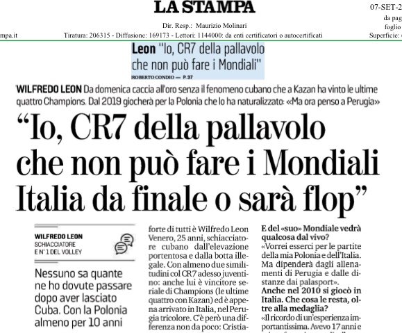 SIRVolleyPG's tweet photo. Non hai letto l’intervista a #WilfredoLeón su “La Stampa” di ieri? 📰 Eccola! Il numero 9 bianconero si racconta e parla del mondiale che sta per cominciare! 🌏🏐
#goSir #BlockDevils #RCD #WL9 #SirSafetyConadPerugia #triplete #LaStampa #diventiamoLeggenda https://t.co/cqd1UIMtaL