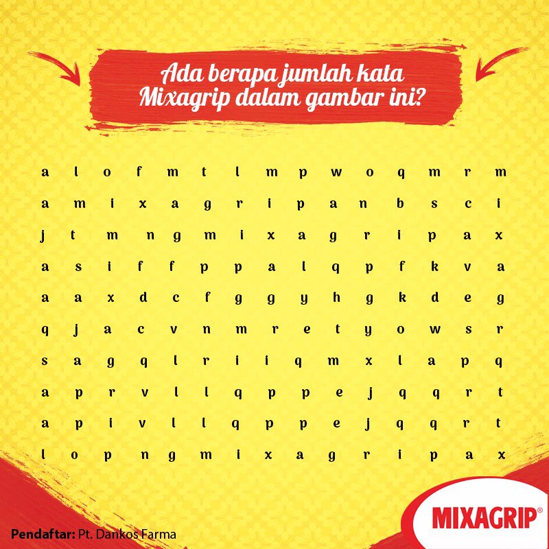 Holaaaa Sahabat! Pasti kamu mau hadiah voucher pulsa ratusan ribu rupiah kan? Yuk, jawab pertanyaan kuis #SabtuCeria Mixagrip! Siap?

Ada berapa jumlah Mixagrip flu dan batuk dalam gambar ini?