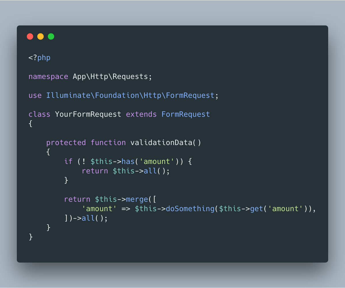 GlennKimbleJr's tweet image. 🤖 #LaravelTip You can override the validationData method on your custom FormRequest class if you need to modify the request data _before_ it&apos;s validated against. #laravel