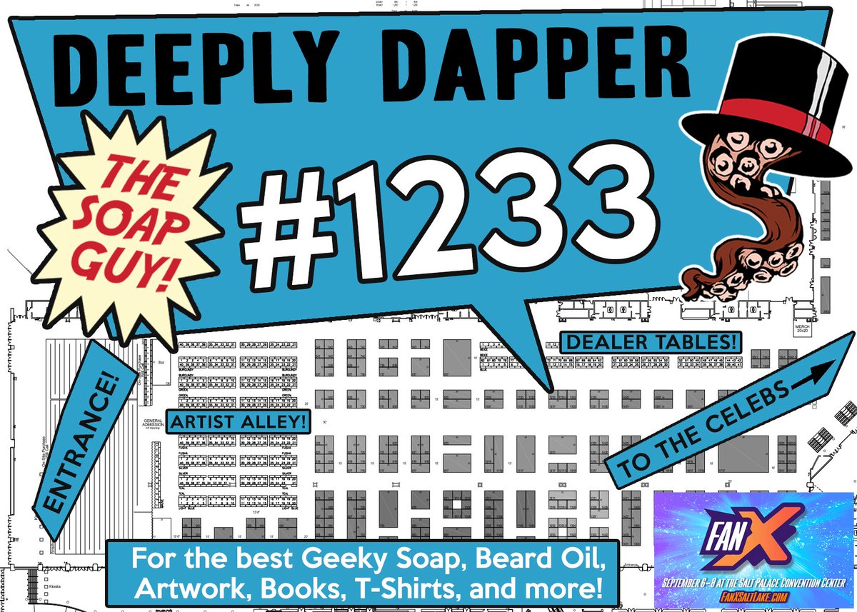 DeeplyDapper's tweet photo. The last day of Salt Lake FanX is upon us! Come see us and get your geeky soaps, art, tshirts and bad puns! Table 1233! @fanxsaltlake #fanx18 #saltlakecomiccon #deeplydapper https://t.co/5YTMdAaPrc