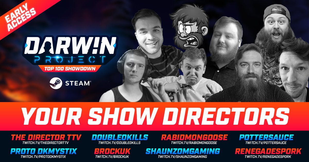DarwinProject's tweet photo. This month's #Top100Showdown starts at 2PM EDT today! Watch the recent top-ranking PC players and support them by tuning into the streams of these amazing Show Directors. #DarwinProject https://t.co/fzUE7AGkoA