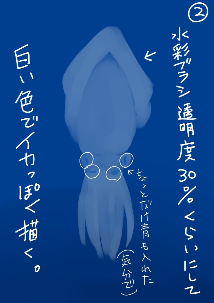 こんなこと誰も知りたくないだろう
と思ったのであえてメイキングっぽい
やつを作ってみました。
水中のイカの描きかたです。 