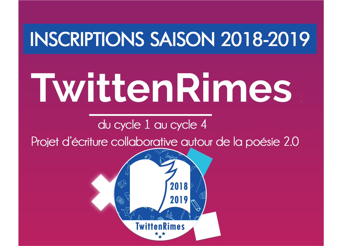 SuperTeamCP's tweet photo. Les inscriptions sont ouvertes pour les classes de maternelle au Lycée afin de participer au projet #TwittenRimes pour l'année scolaire 2018-2019. #TADA #ludovia15 
👉Tout savoir sur le projet 
https://t.co/9YZJCsYhu7

👉 Pour s'inscrire : 
https://t.co/2MBqcHjWPH https://t.co/yu5Qp3thRk