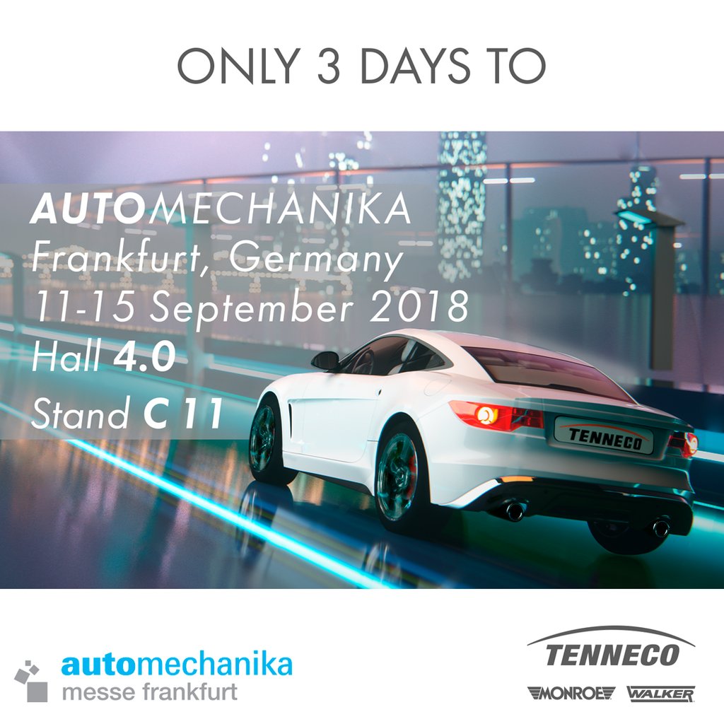 3 days to Automechanika in Frankfurt! Everything is ready and we are delighted to welcome you to our Tenneco booth, Hall 4.0 Stand C11. #Automechanika #amf18 #Frankfurt #Wehaveall #Walker #Monroeshocks #Automotive #Totalsolution #Trustedpartner 😍 🙌👌🚗💨💨🔧⚙🇩🇪