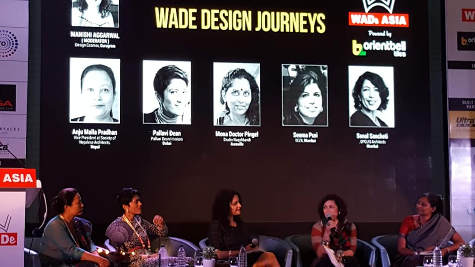 wadeasiaevent's tweet photo. #DesignJourney, the first panel discussion in #WADeIndia &amp; #WADeAsia2018 had a very interesting set of panellists- #PallaviDean from #Dubai, #MonaDoctor from #Auroville, #AnjuMalla from #Nepal, #SeemaPuri and #SonalSancheti from #Mumbai https://t.co/MrwQK8ATgY