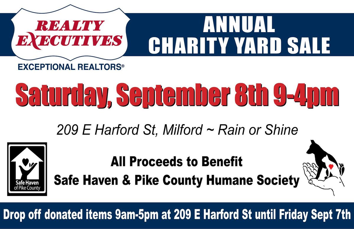 Today’s the day! It’s Milford’s #SeptemberFest & our Charity Yard Sale. Hope to see you out & about in town today!
#milfordpa #pikecountypa #charity #fundraiser #thingstodo #giveback #realtyexecutives
