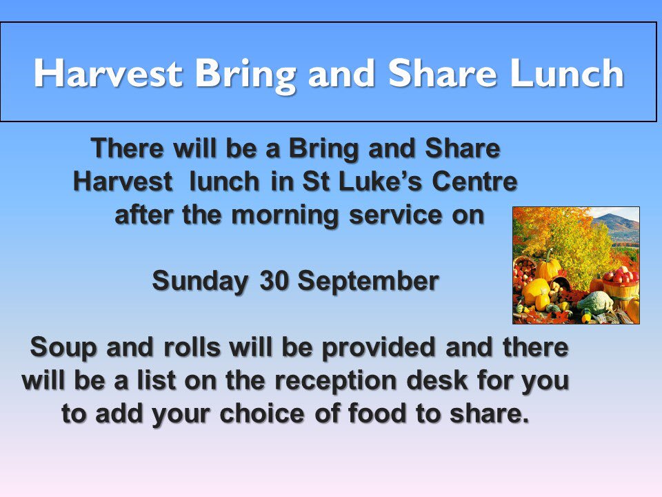 StlukeschurchRM's tweet photo. Date for the diary; 
Sunday 30th September.
Come along for food and fellowship. 
All Welcome 😀

#fellowship #church #HarvestFestival @chelmsdio #friendsh #hospitality https://t.co/AGQQvcrre3