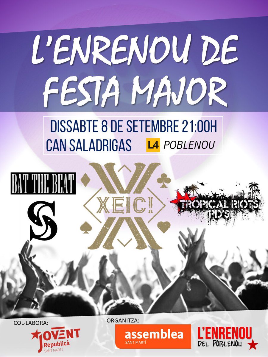 SantMartiXInd's tweet photo. Recordeu, aquest vespre a les 21 h a la plaça de Can Saladrigas tenim concert de Festa Major amb els @XEICSKA #BatTheBeat i #TropicalRiots.
🎸Us hi esperem!!!                   🎗Tindrem guardioles de solidaritat amb @valtonyc  #FMPoblenou18 https://t.co/WzBknVBEct